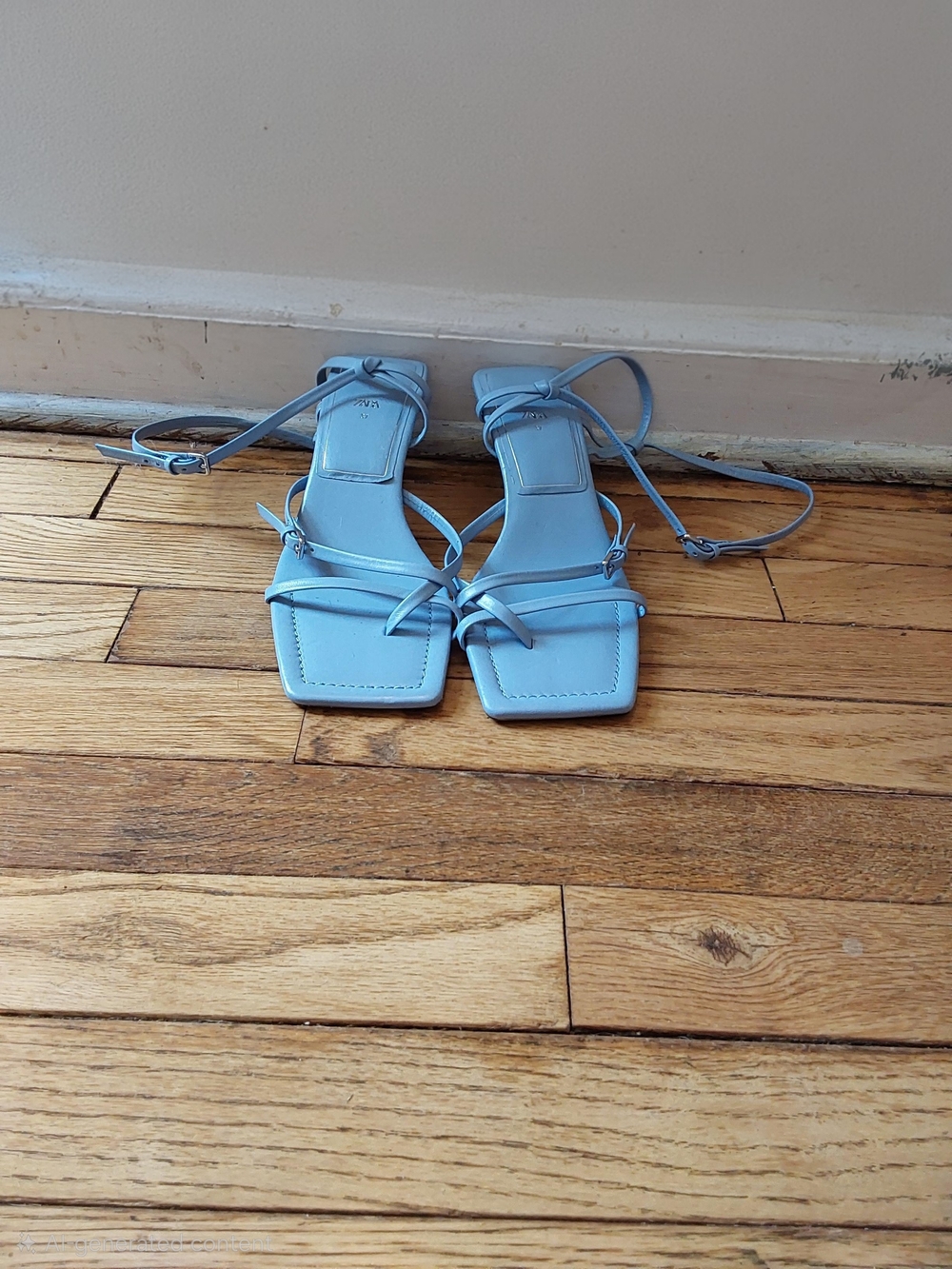 Zara Strappy Square-Toe Ankle Tie  kitten heel Sandal in Light Blue